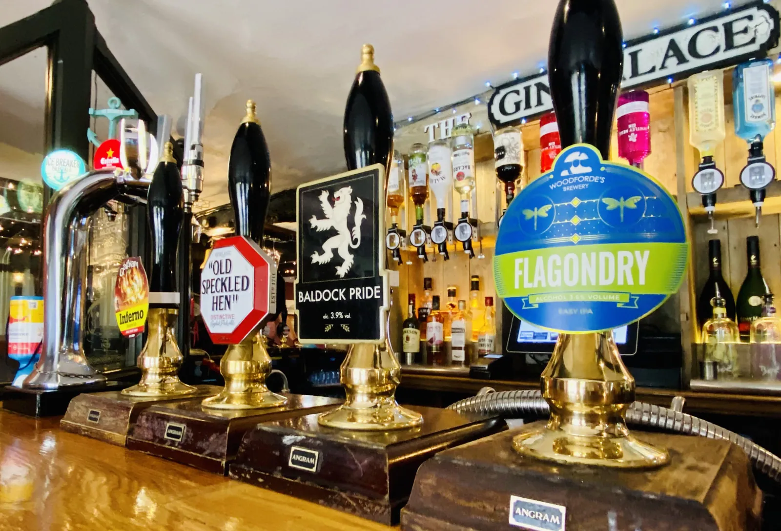 Ale fonts along the bar at the White Lion