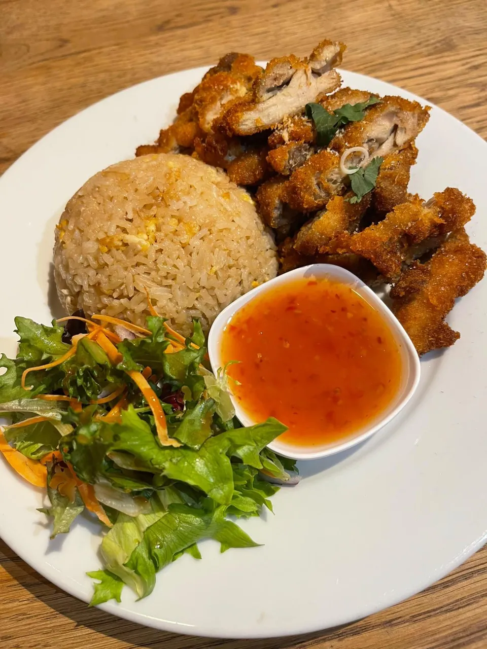 Thai chicken with rice, salad and dipping sauce at Nick's Thai Kitchen