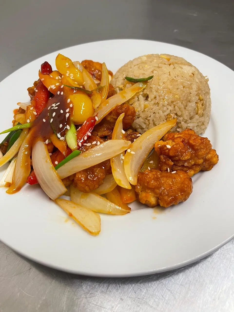 Thai food with colourful vegetables and rice