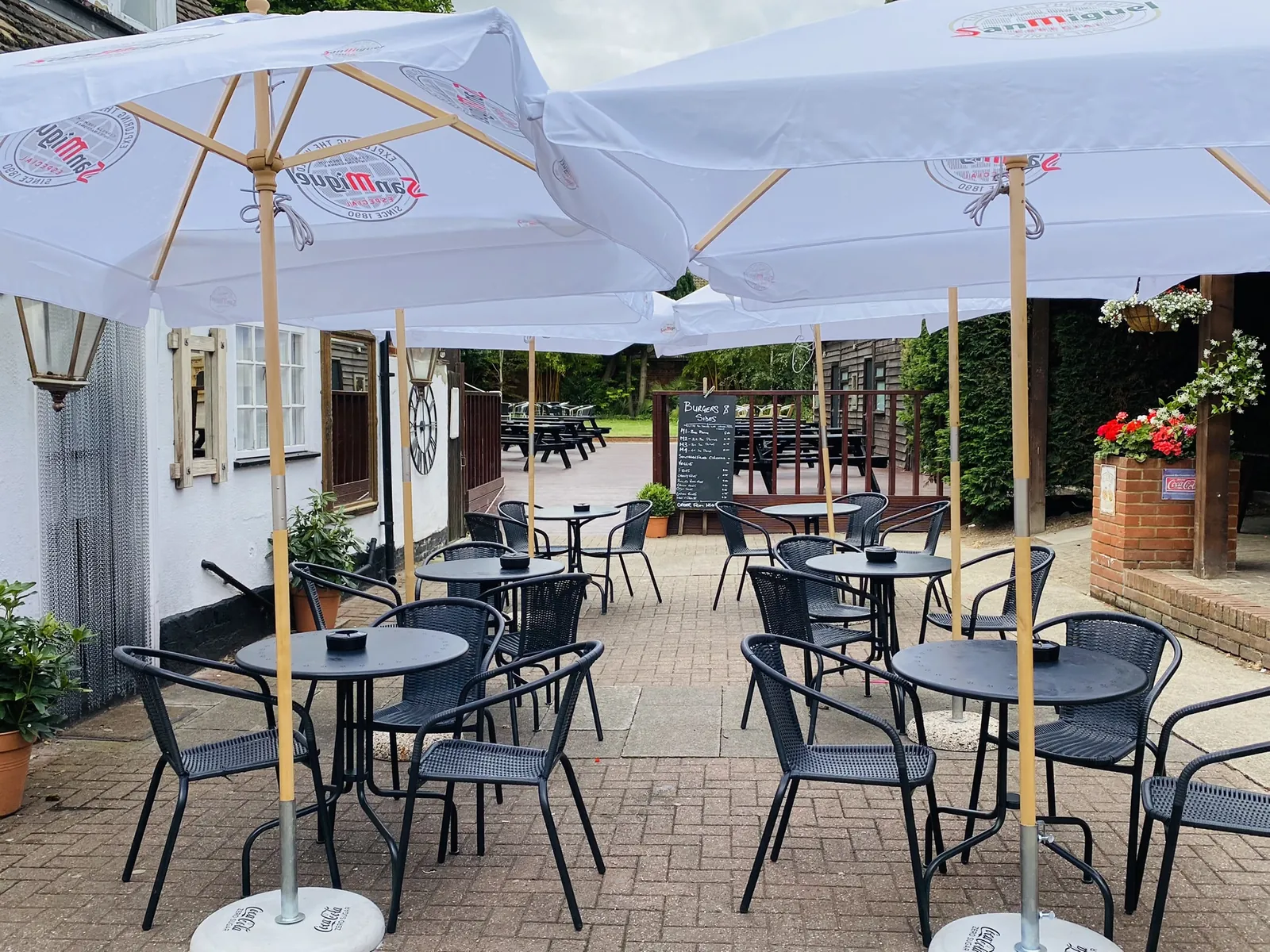 Benches in the White Lion beer garden