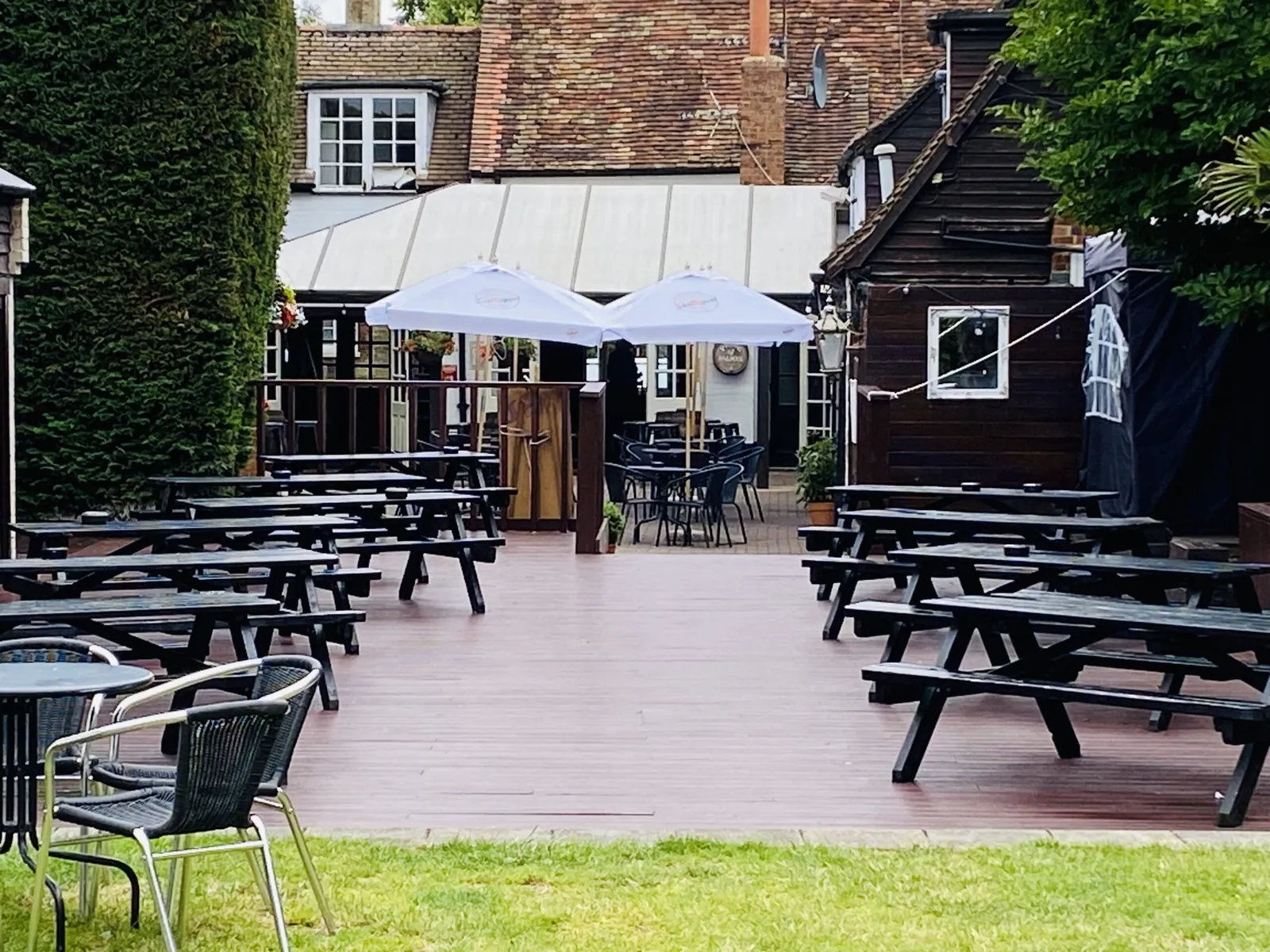 Seating in the White Lion beer garden